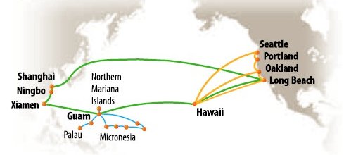 美森快船在中國區(qū)設(shè)立有三個(gè)裝運(yùn)港：