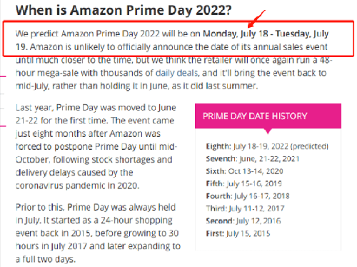 有國外網(wǎng)站還預(yù)測Prime Day會員日在2022年7月18-19日